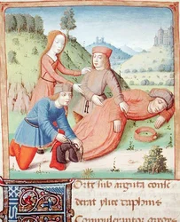 The sleeping Silenus is tied up by the shepherds and Aegle, from The Eclogues by Virgil with a commentary by Servius